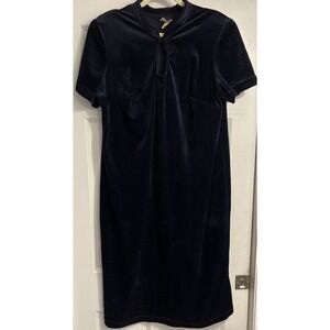 Vtg 60s Dark Blue Velvet Cocktail Dress Womens Size 18 Short Sleeve Slit Back